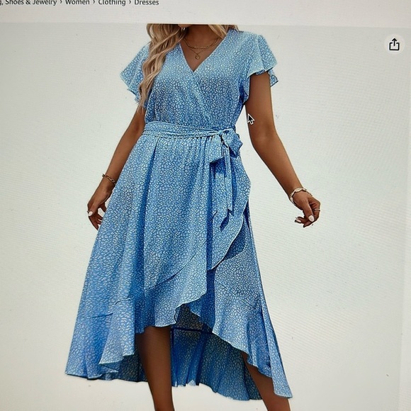 💙 Viral Blue Wrap Midi Dress – Flutter Sleeve, Tie Waist, High-Low Hem - Picture 1 of 4